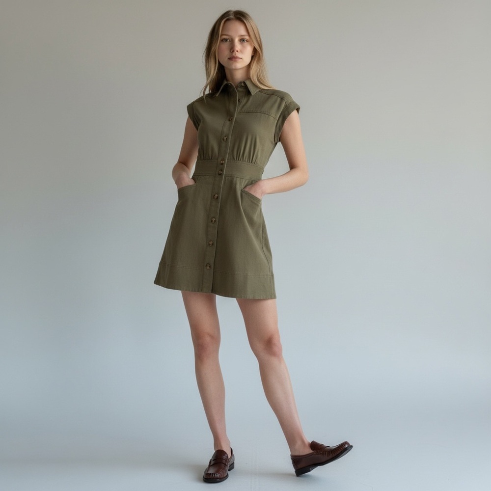 Spanx Twill Short Sleeve Utility Dress in Tuscan Olive Size Large NWT